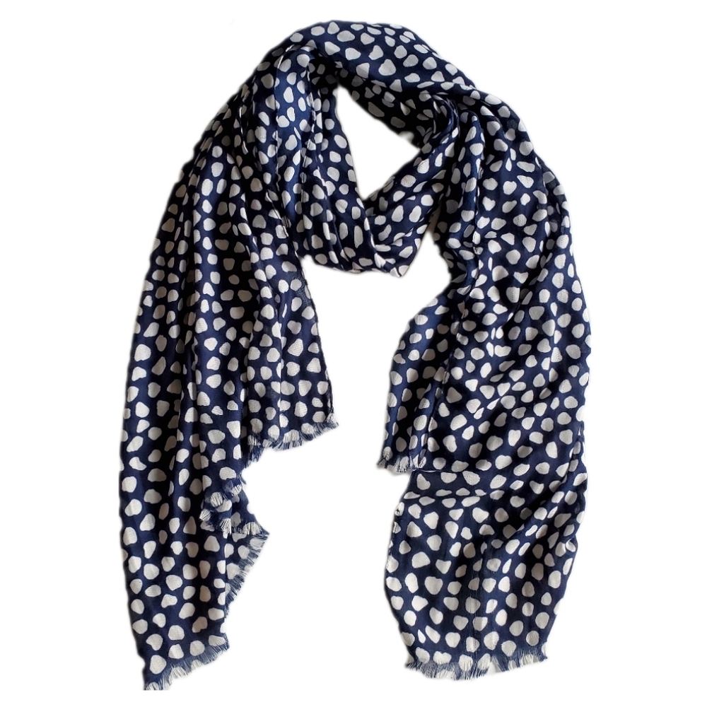 J Crew Factory Lightweight Scarf Blue with White Spots 24" Wide x 68" Long